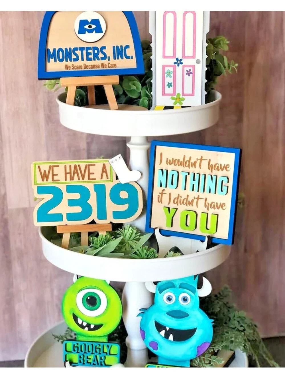 lot of 6 Pcs Monsters Inc Tiered Tray Decor Set Wooden Signs - hand painted OOAK